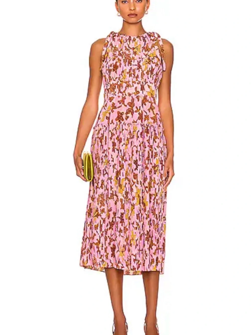 Ulla Johnson Amalthea 100% Silk Pink and Brown‎ Floral Pleated Midi Dress Size 4